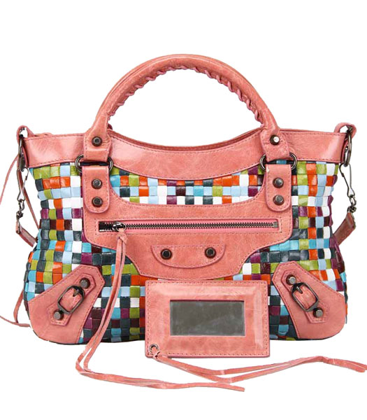 Balenciaga First Multicolor Woven Bag in pelle di vitello rosa